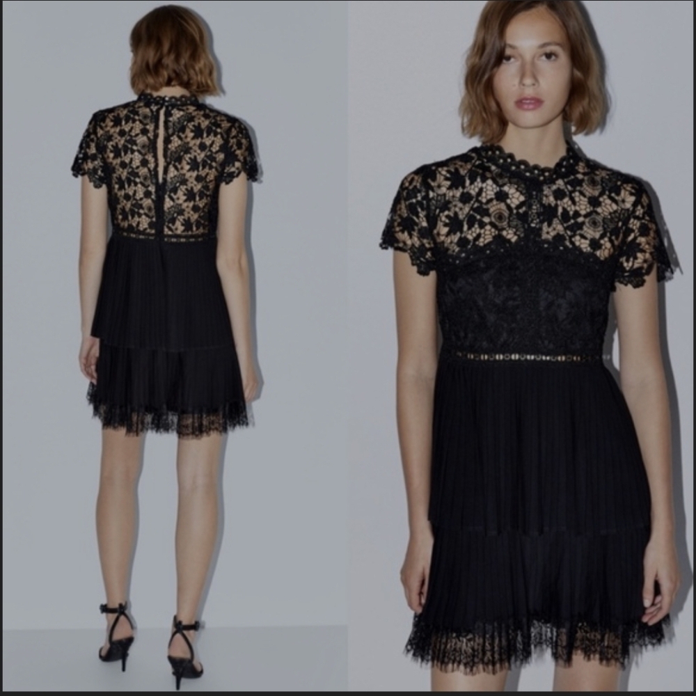 Zara Black Lace Pleated Layer Mini Dress Size Medium